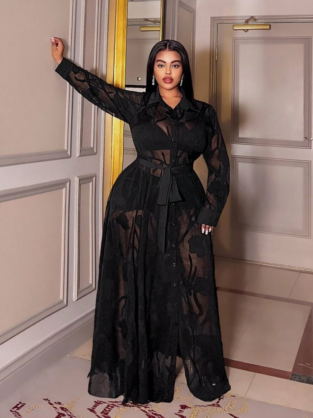 Black Elegant Women's Plus Size Long Sleeve Front Button Sheer maxi Dress - Picture 3 of 6
